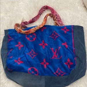 Handmade tote with authentic Louis Vuitton beach towel front.